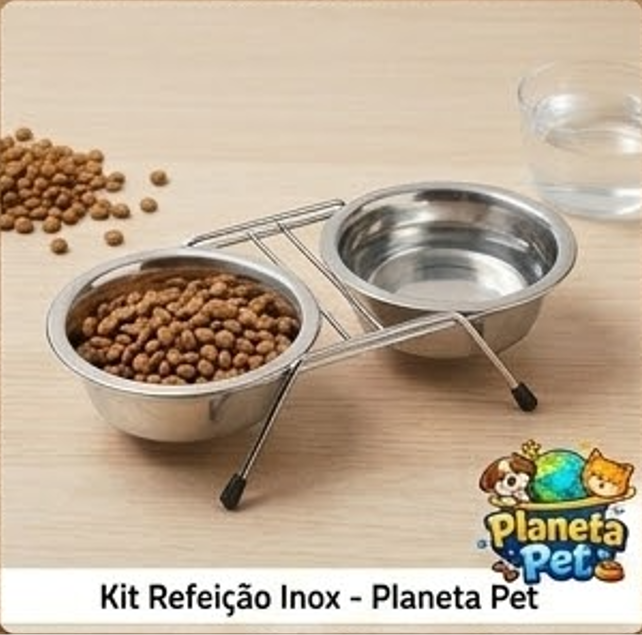 Comedouro e Bebedouro Inox Duplo com suporte